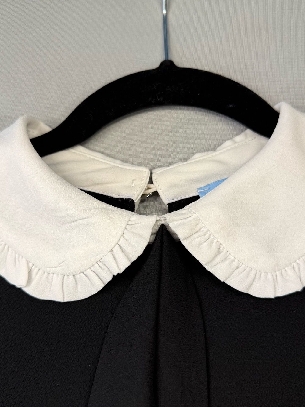 CeCe Black Short-Sleeve Blouse with White Ruffle Peter Pan Collar and Neck Tie - Picture 3 of 12